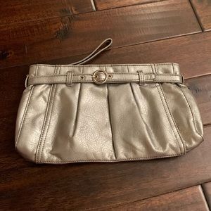 Neiman Marcus Silver Zip Clutch with strap EUC